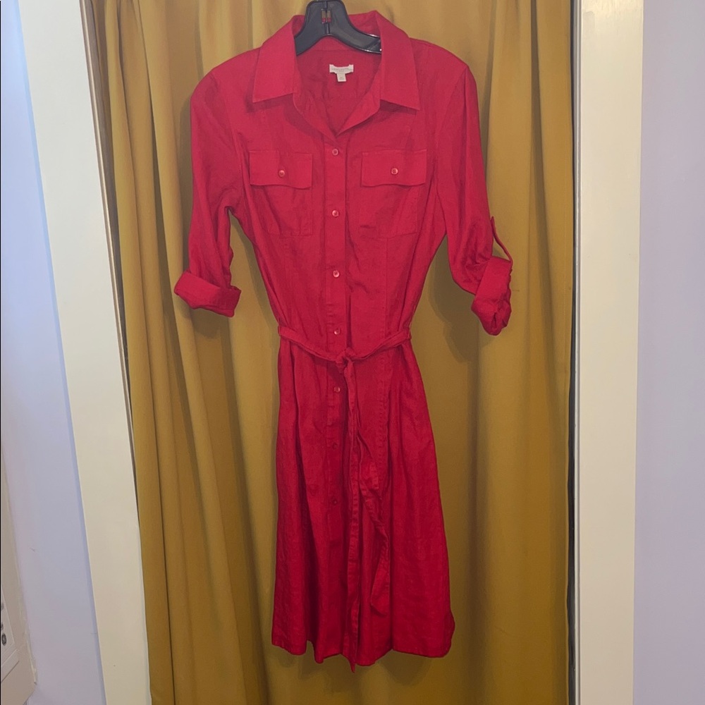 Talbots Chic Red Button-Front Shirt Dress with Tie Waist
